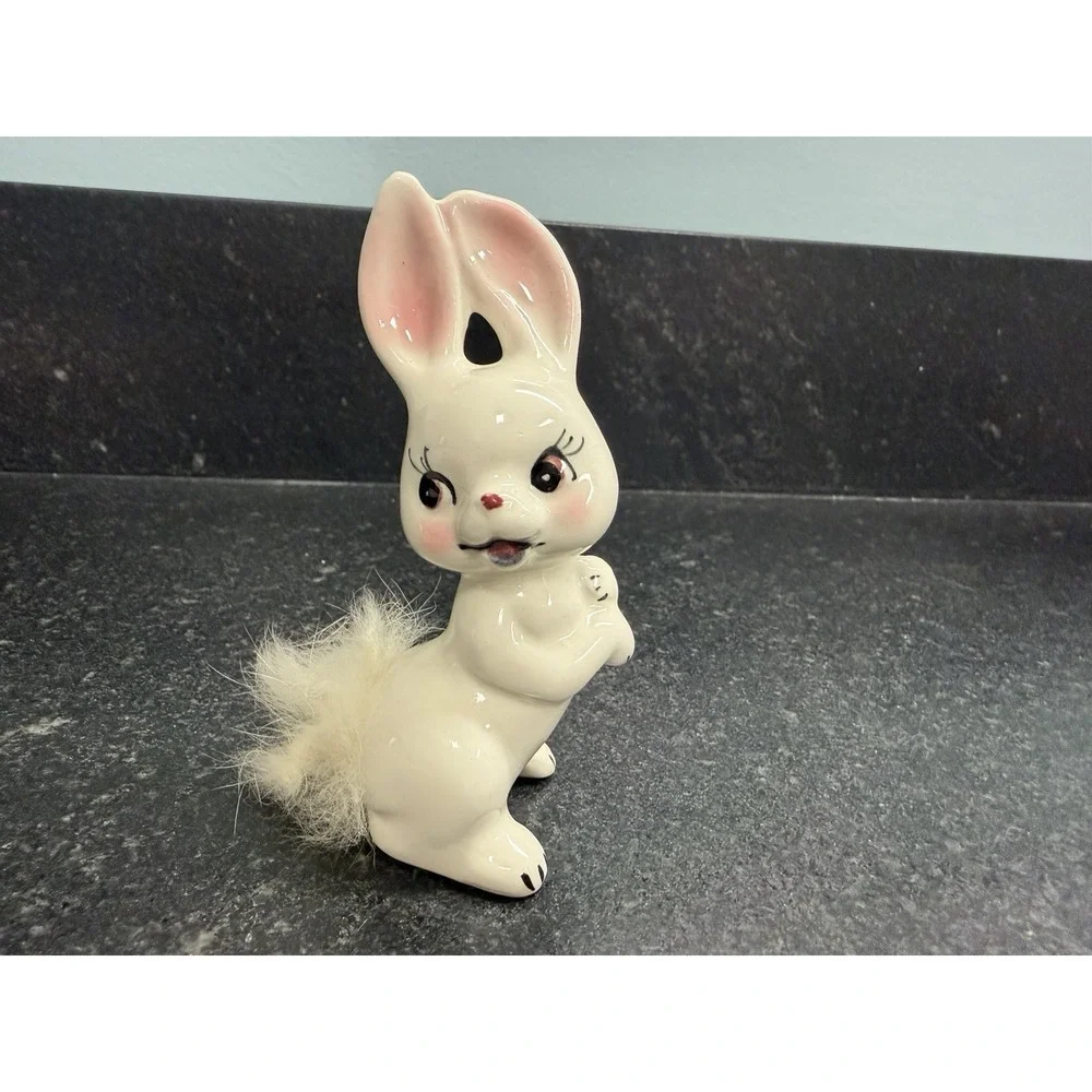 Vintage Ceramic Bunny Rabbit Figurine w Fur Tail Pink Tulle Easter Centerpiece‎